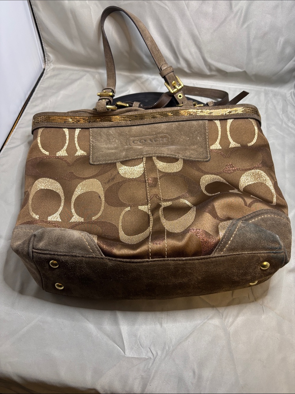 Coach Brown Signature Canvas Tote with Metallic Accents
